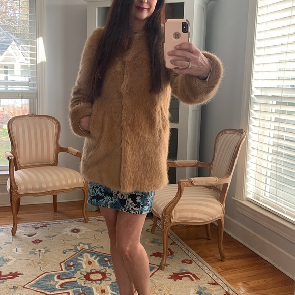 ANN TAYLOR Caramel Tan Brown fur coat XS 0 2 4 winter lady elegant - Picture 3 of 12